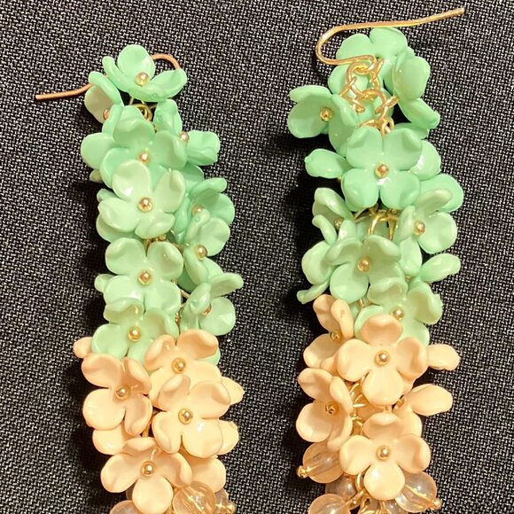 Natasha Dangling Earrings Green, Peach & Brown Flowered Beads - Picture 1 of 4